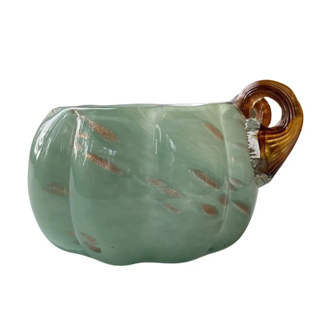 Hand Blown Art Glass Deco Pumpkin Bowl Vase Green Swirl  Metallic Accents NWT
